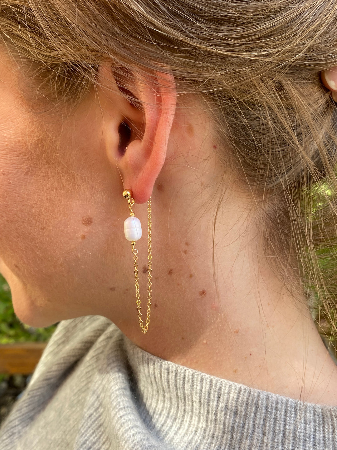 Pearl & Chain Stud Earrings In Gold Plate