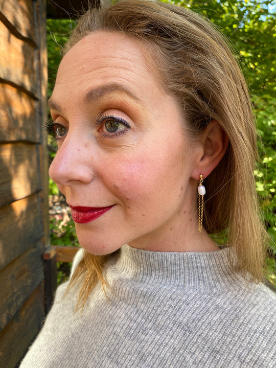 Pearl & Chain Stud Earrings In Gold Plate