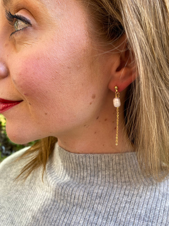Pearl & Chain Stud Earrings In Gold Plate