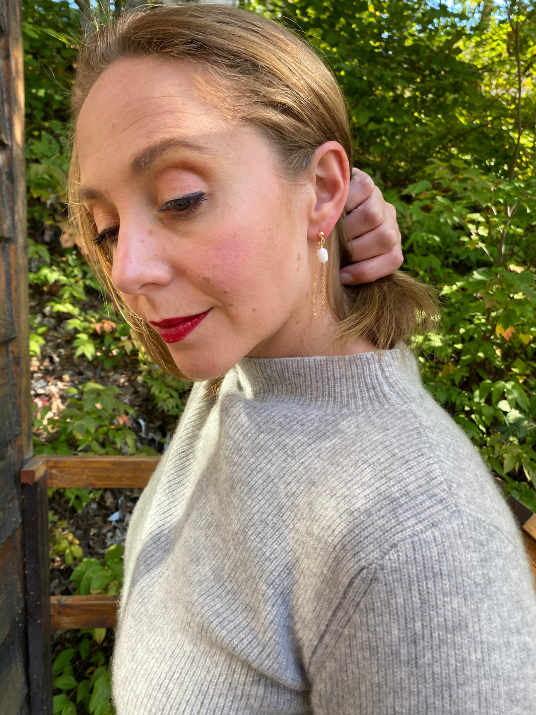 Pearl & Chain Stud Earrings In Gold Plate