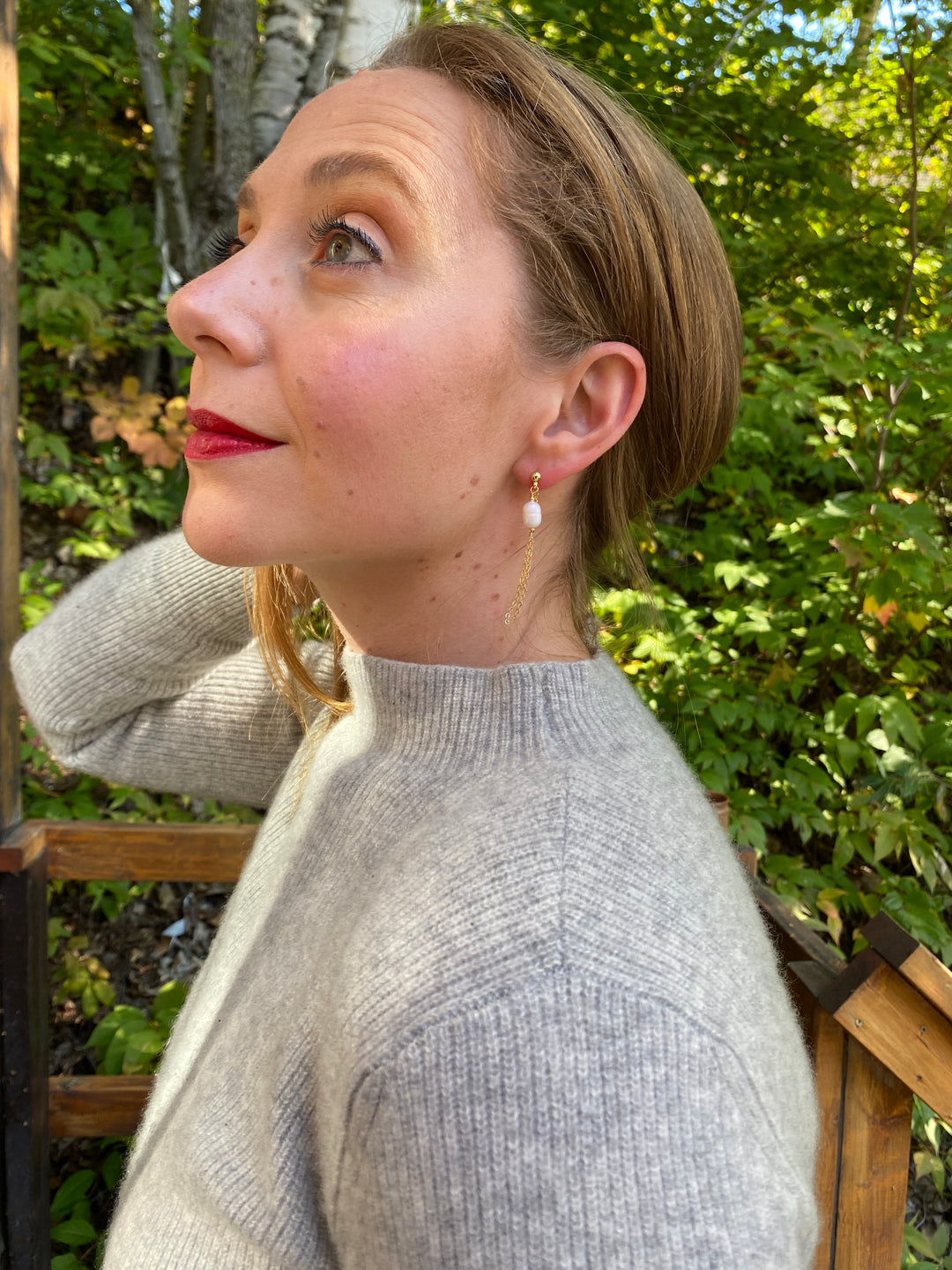 Pearl & Chain Stud Earrings In Gold Plate