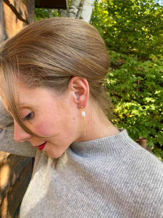Pearl & Chain Stud Earrings In Gold Plate