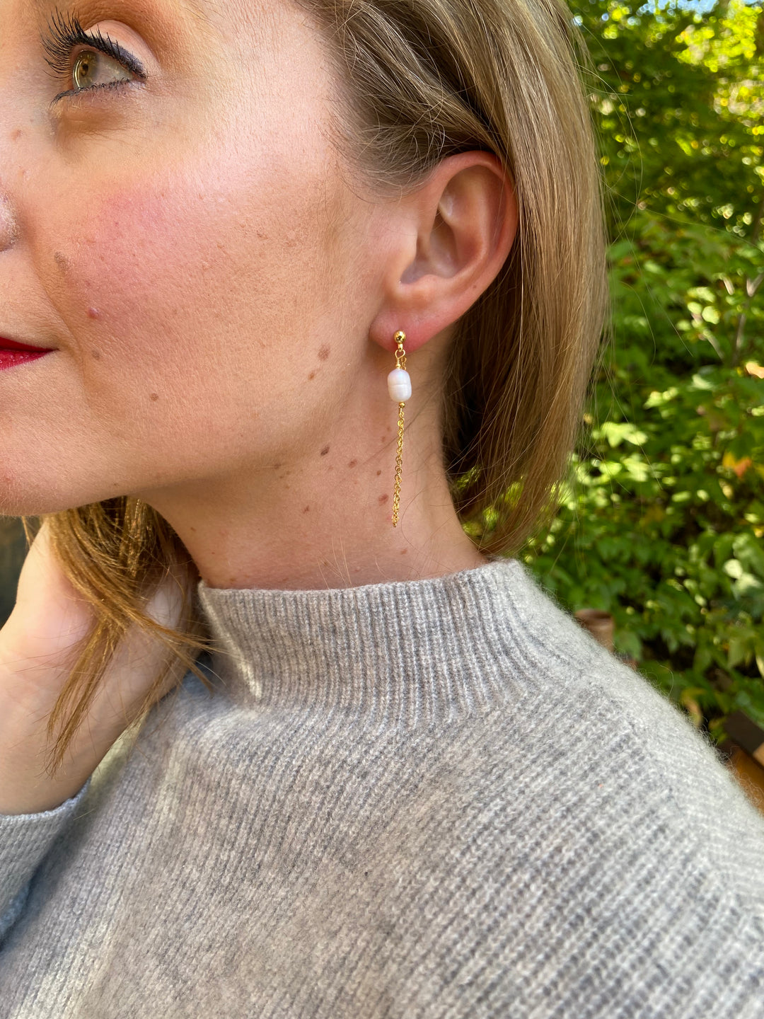 Pearl & Chain Stud Earrings In Gold Plate