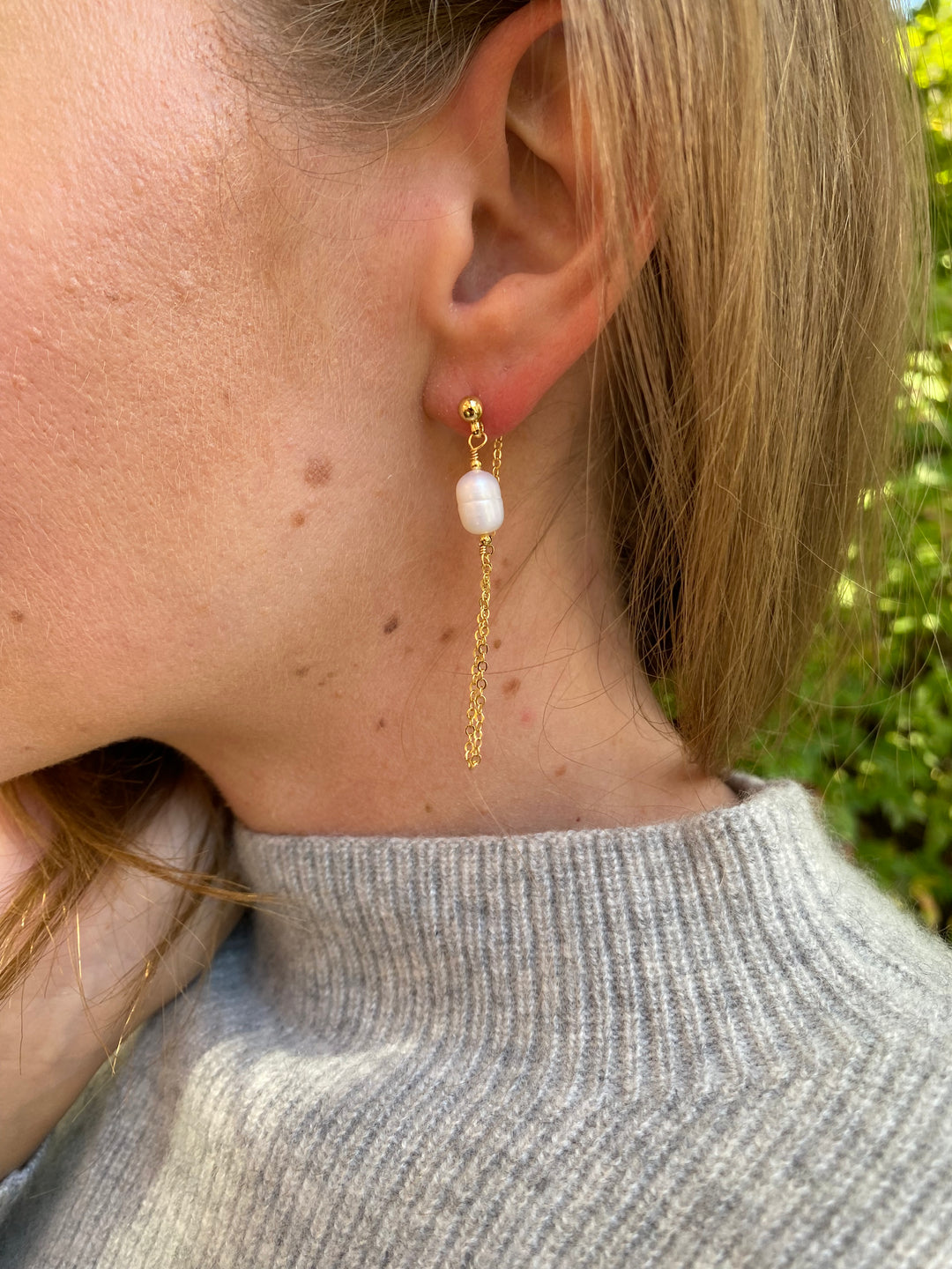 Pearl & Chain Stud Earrings In Gold Plate