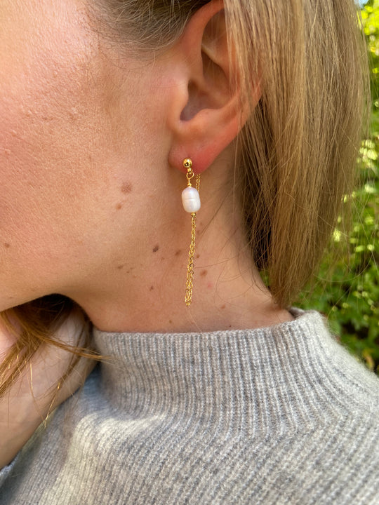 Pearl & Chain Stud Earrings In Gold Plate