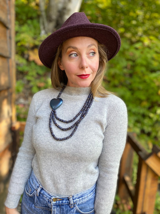 Triple Strand Coconut Bead & Wooden Heart Necklace