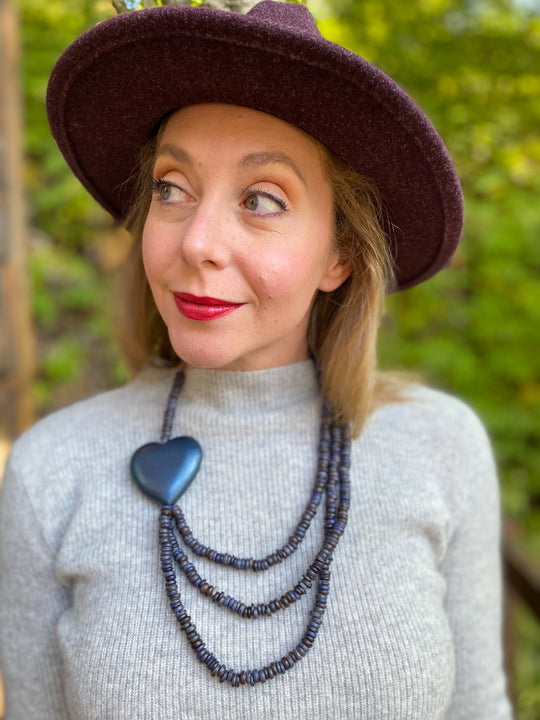 Triple Strand Coconut Bead & Wooden Heart Necklace