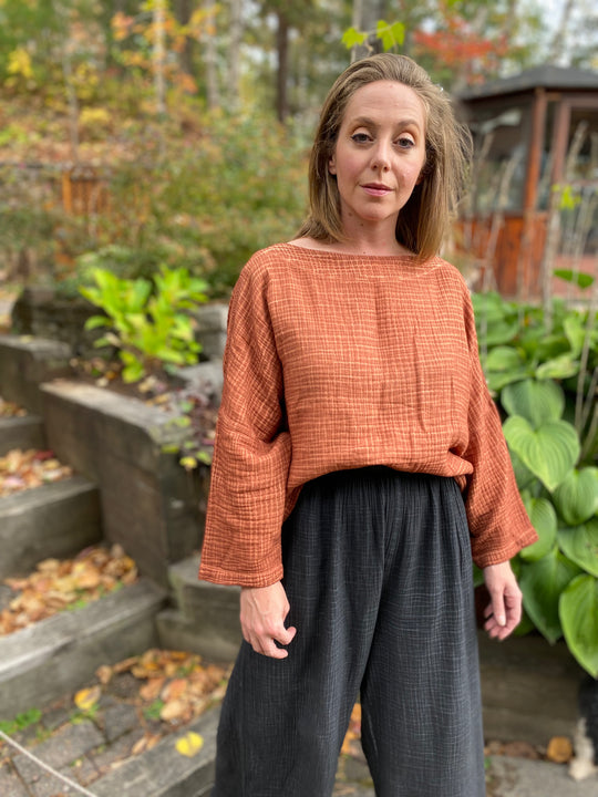 Turkish Cotton Crinkle Long Sleeve Boat Top - One-Sized - Terracotta