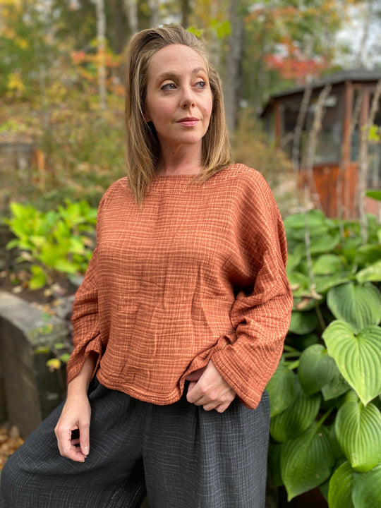 Turkish Cotton Crinkle Long Sleeve Boat Top - One-Sized - Terracotta