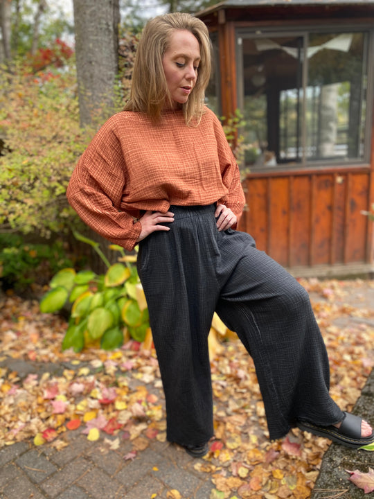 Turkish Cotton Crinkle Palazzo Pants - One-Sized - Black