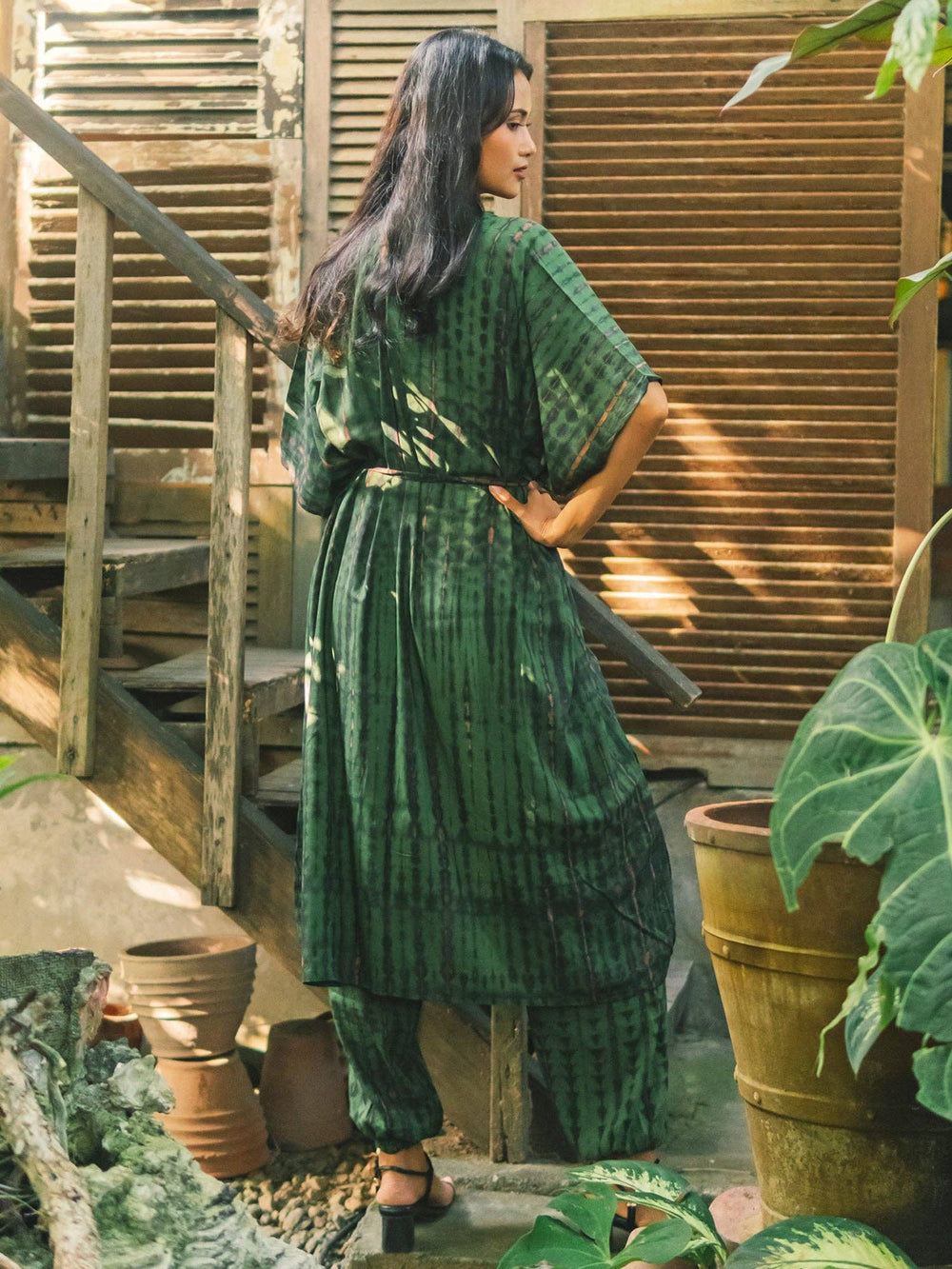 Tie Dye Long Kimono -Green & Gold