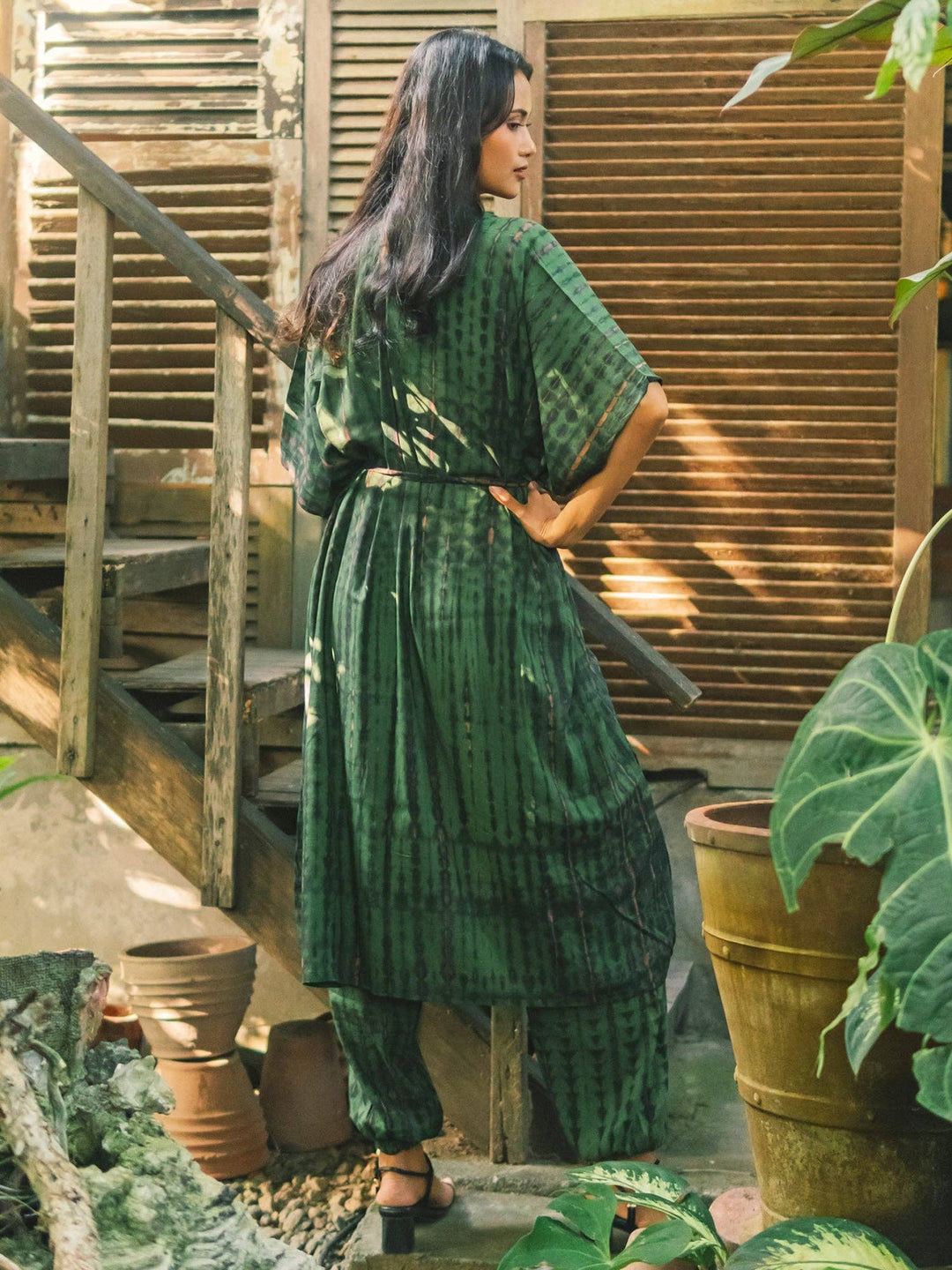 Tie Dye Long Kimono -Green & Gold