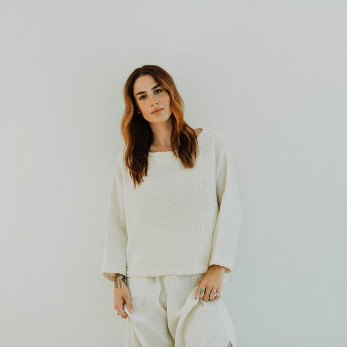 Turkish Cotton Crinkle Long Sleeve Boat Top - One-Sized - Cream