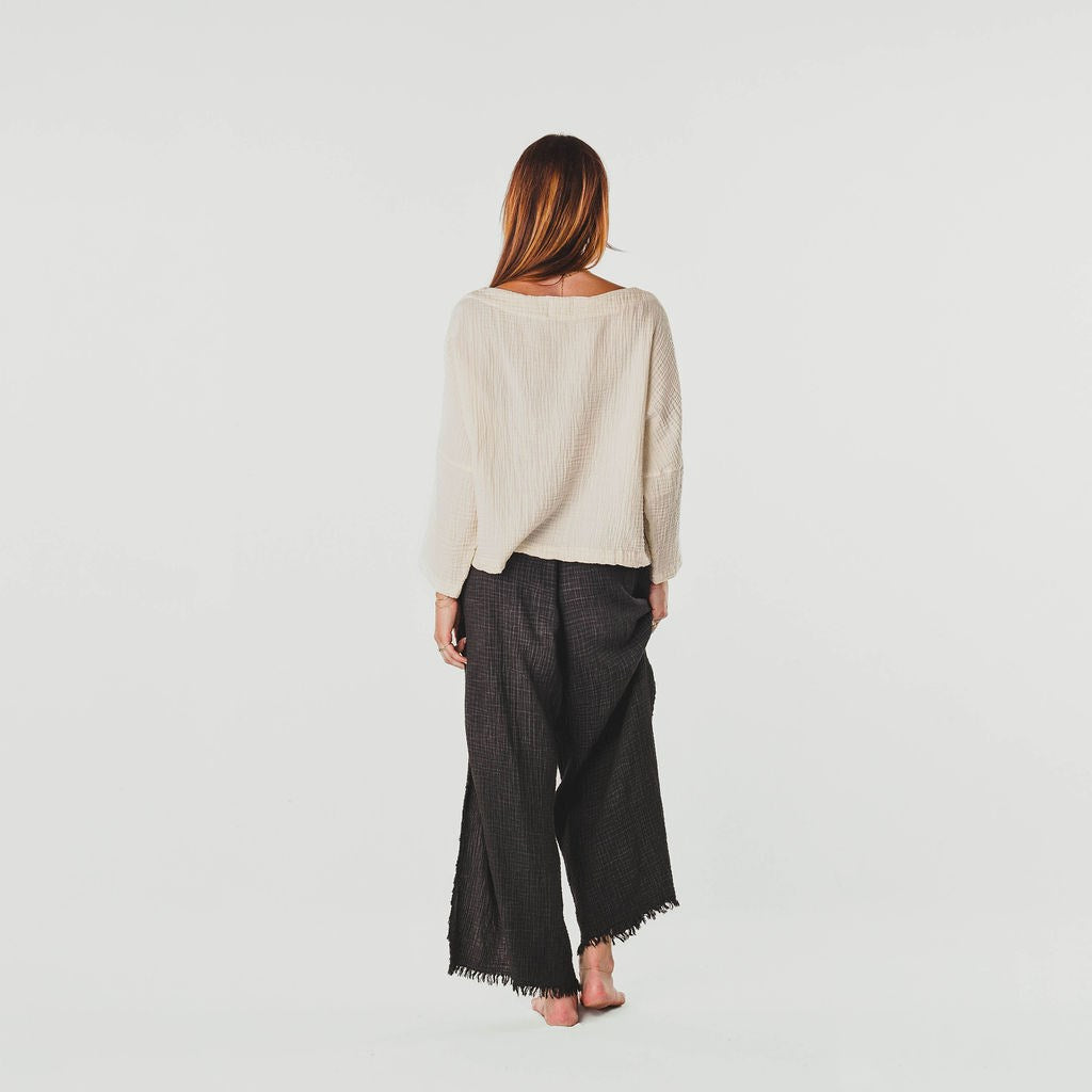 Turkish Cotton Crinkle Long Sleeve Boat Top - One-Sized - Cream