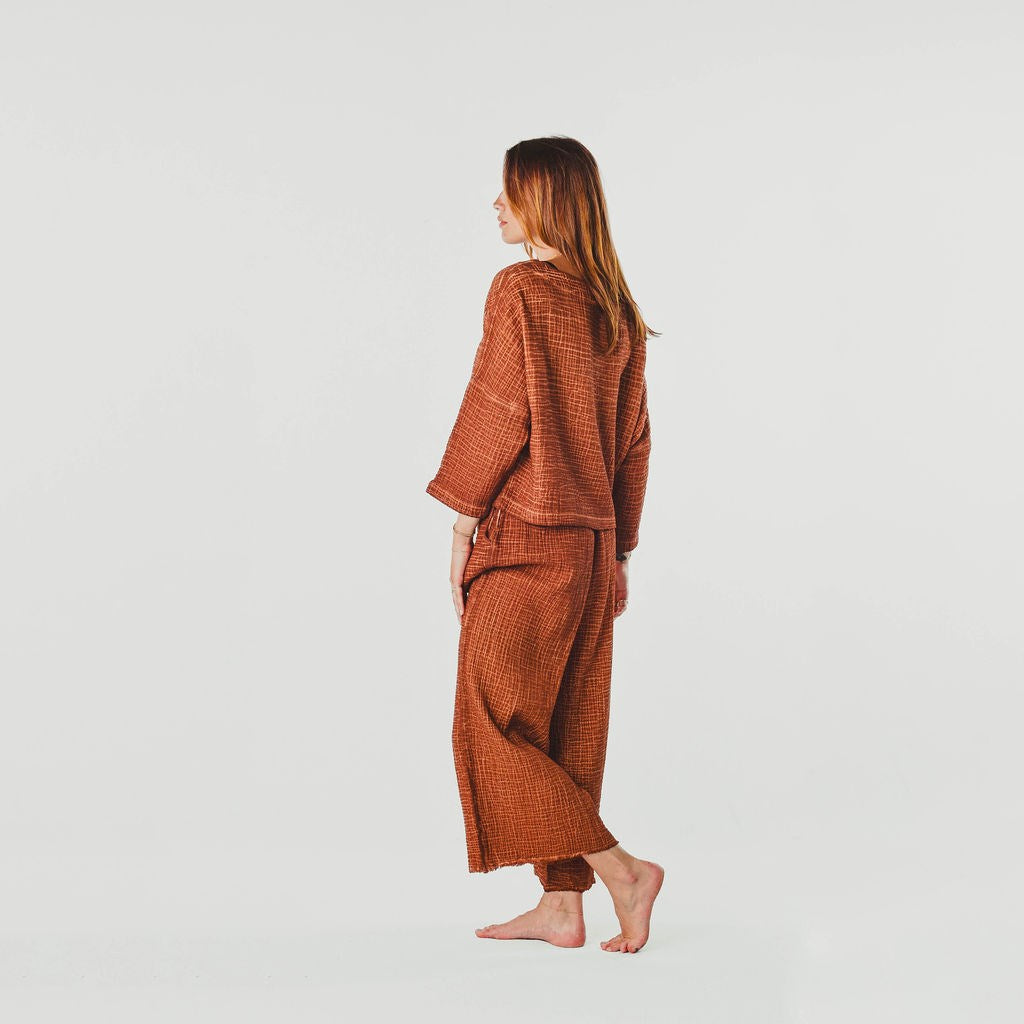 Turkish Cotton Crinkle Long Sleeve Boat Top - One-Sized - Terracotta