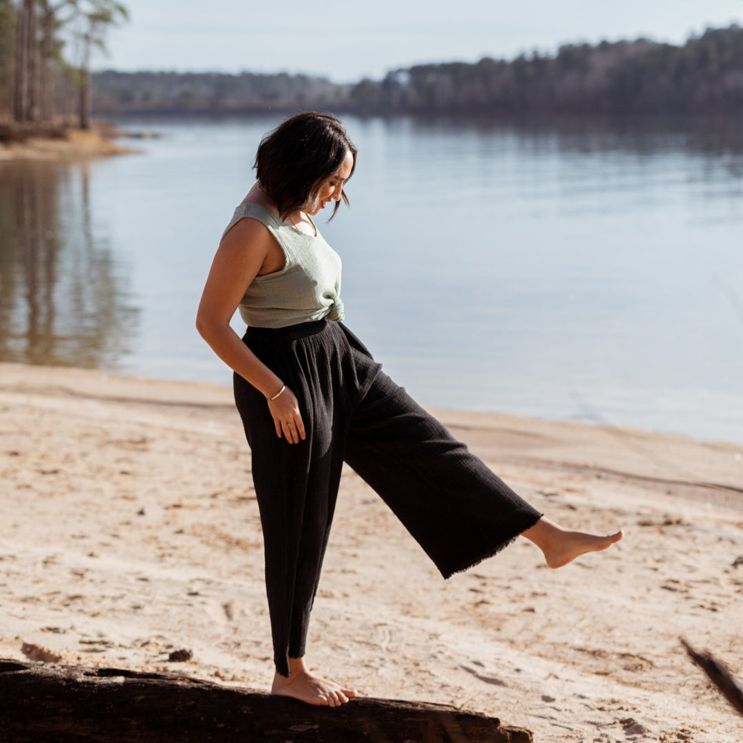 Turkish Cotton Crinkle Palazzo Pants - One-Sized - Black