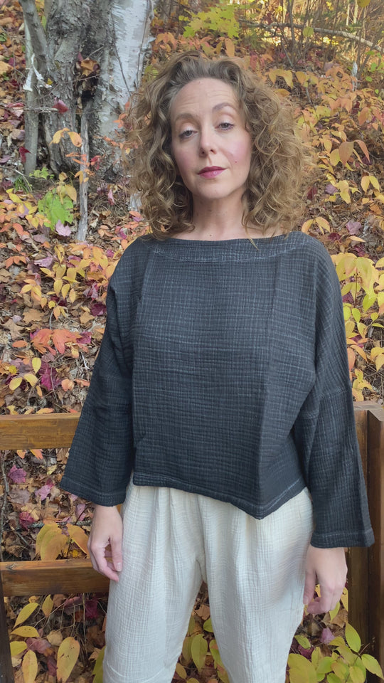 Turkish Cotton Crinkle Long Sleeve Boat Top - One-Sized - Black