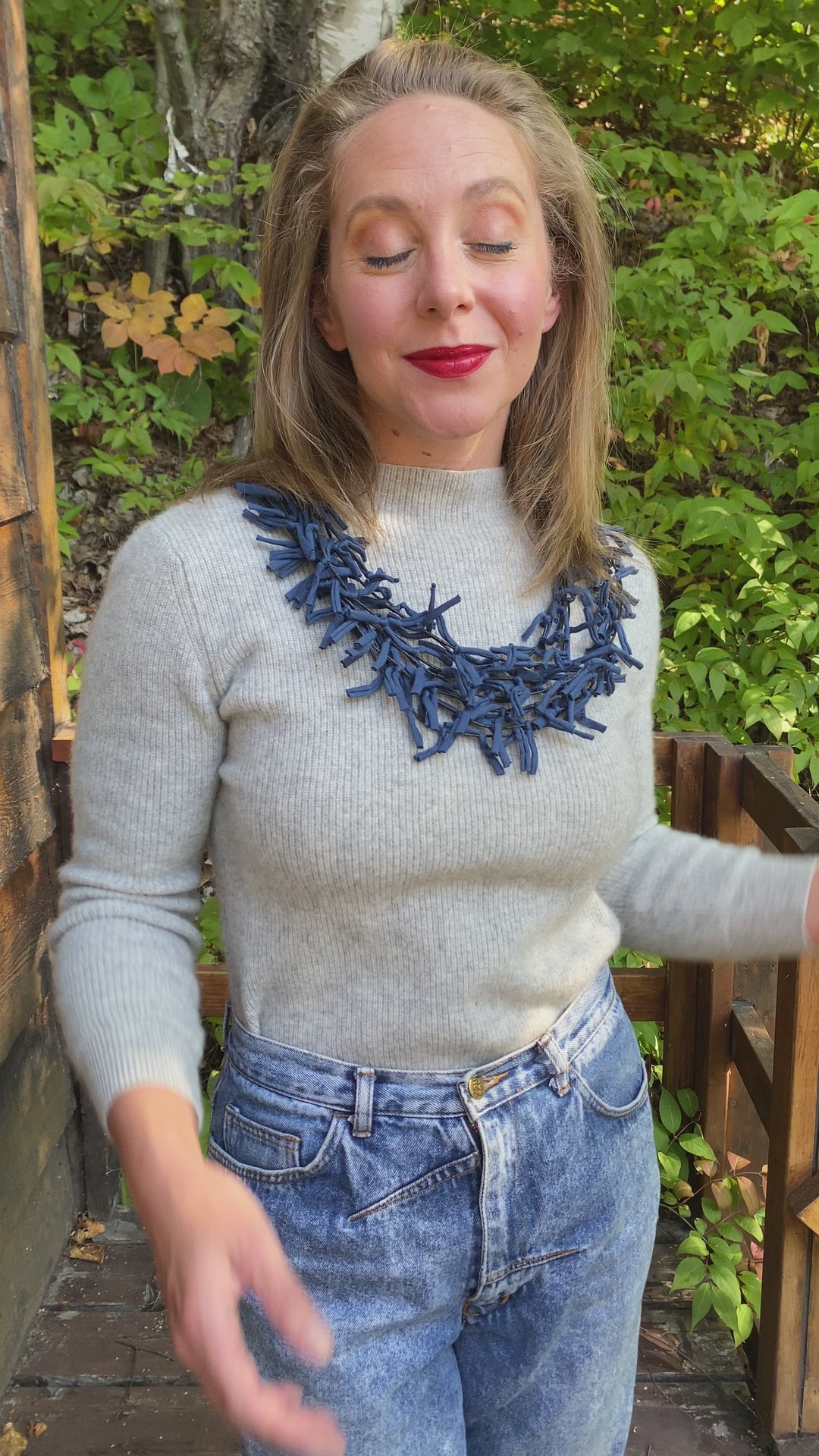 Multi Strand Knotted Fabric Necklace - Navy Blue
