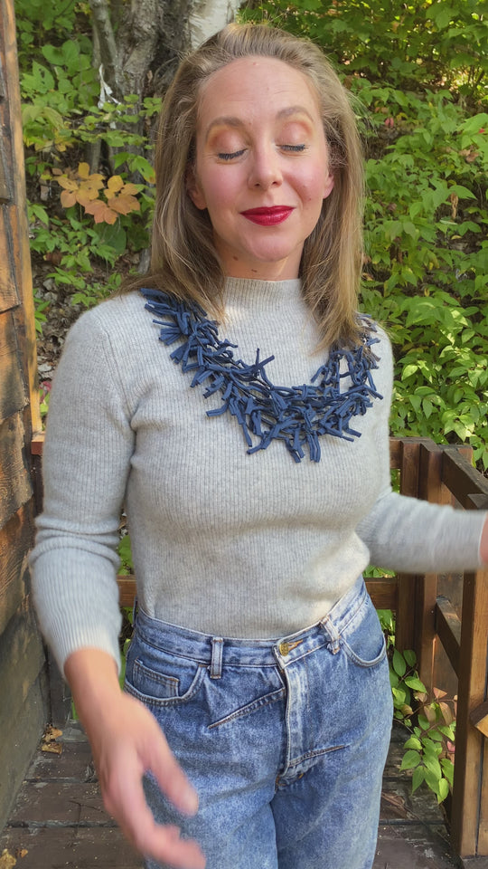 Multi Strand Knotted Fabric Necklace - Navy Blue