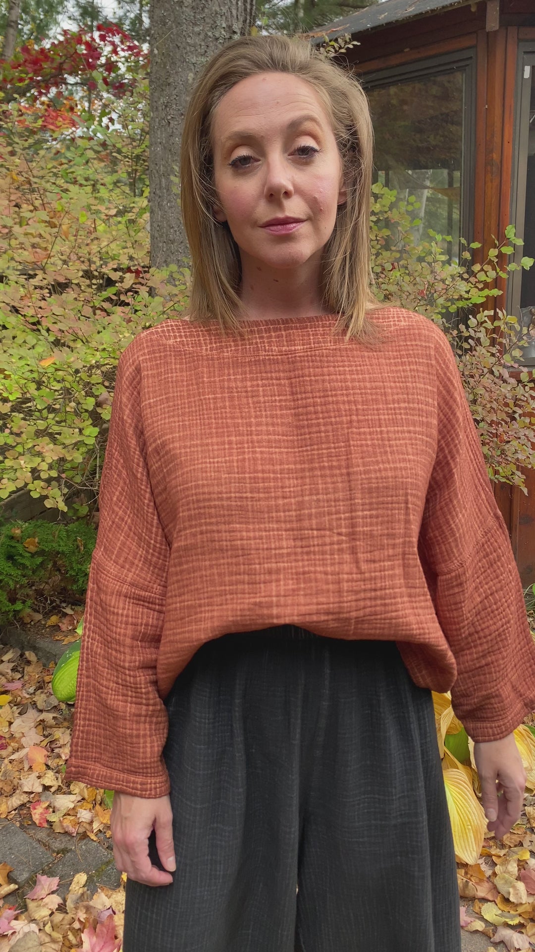 Turkish Cotton Crinkle Long Sleeve Boat Top - One-Sized - Terracotta