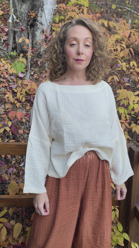 Turkish Cotton Crinkle Long Sleeve Boat Top - One-Sized - Cream